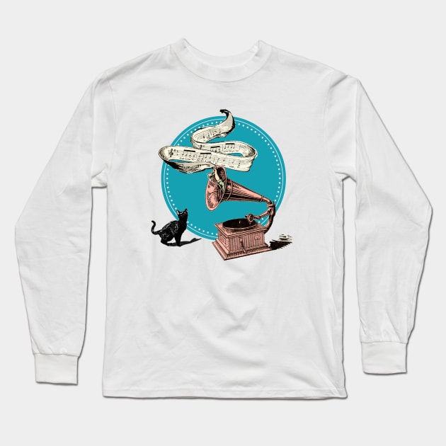 The Cat and the Song (Blue Circle) Long Sleeve T-Shirt by BessoChicca